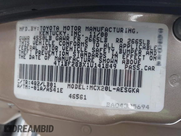 2001 Toyota Avalon XL z VIN 4T1BF28BX1U141849, wystawiony jako IAAI lot #41467945 z przebiegiem 188 675 mil mil oraz . Historia ofert i sprzedaży dostępna na DreamBid. Obrazek 9.