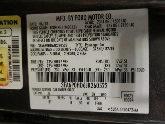 2018 Ford Fusion SE z VIN 3FA6P0HD6JR260522, wystawiony jako Copart lot #54382215 z przebiegiem 151 611 mil mil oraz Szkoda całkowita • Salvage title. Historia ofert i sprzedaży dostępna na DreamBid. Obrazek 12.
