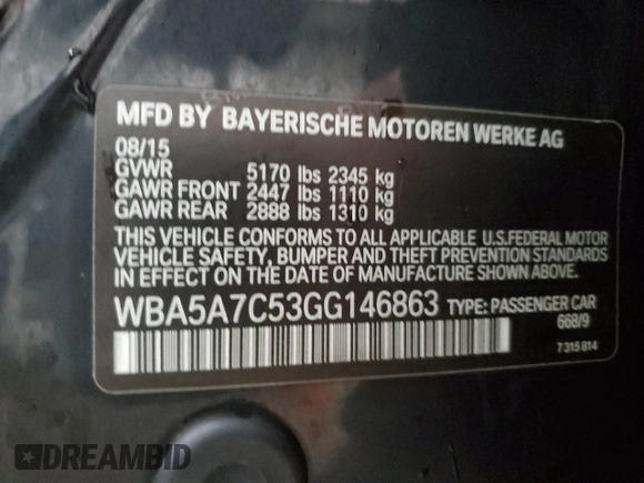 2016 BMW 5 Series 528i xDrive with VIN WBA5A7C53GG146863, listed as a Copart auction lot 52682925 with 162,383 mi miles and Salvage Title. Bid and sale history available at carsss.com. Image 12.