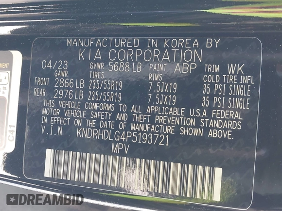 2023 Kia Sorento EX z VIN KNDRHDLG4P5193721, wystawiony jako IAAI lot #41545430 z przebiegiem 58 887 mil mil oraz . Historia ofert i sprzedaży dostępna na DreamBid. Obrazek 9.