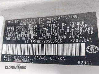2008 Toyota Camry LE with VIN 4T1BK46K78U560505, listed as a IAAI auction lot 41473270 with 302,991 mi miles. Bid and sale history available at carsss.com. Image 9.