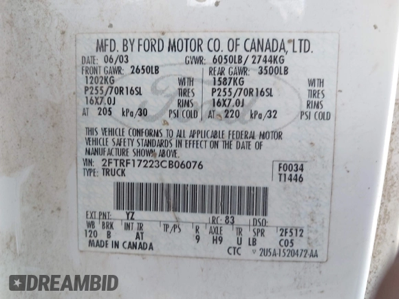 2003 Ford F-150 XL with VIN 2FTRF17223CB06076, listed as a IAAI auction lot 42616706 with 399,659 mi miles and . Bid and sale history available at DreamBid. Image 9.