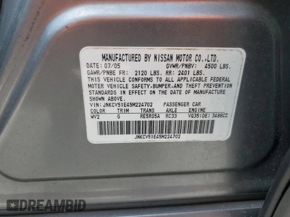 2005 Infiniti G35 with VIN JNKCV51E45M224702, listed as a Copart auction lot 54162135 with 208,872 mi miles and Non Repairable. Bid and sale history available at DreamBid. Image 12.