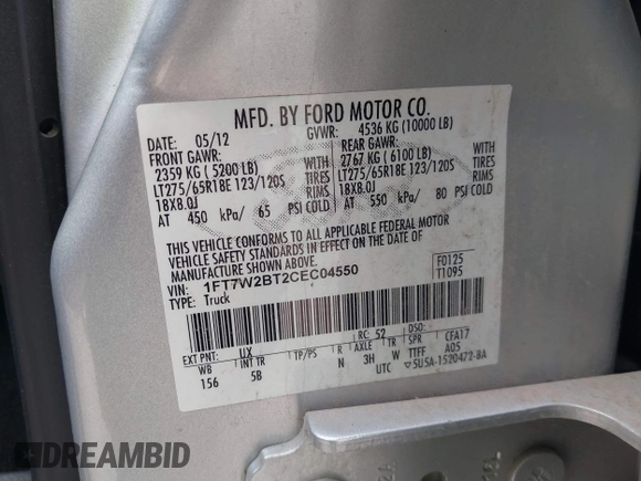 2012 Ford F-250 XL z VIN 1FT7W2BT2CEC04550, wystawiony jako IAAI lot #42294829 z przebiegiem 243 218 mil mil oraz . Historia ofert i sprzedaży dostępna na DreamBid. Obrazek 9.