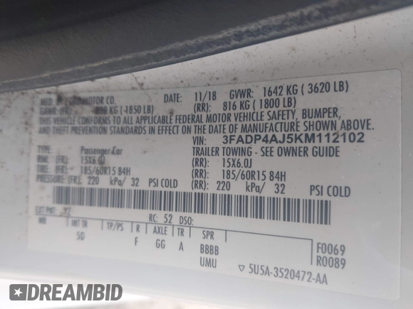 2019 Ford Fiesta S with VIN 3FADP4AJ5KM112102, listed as a IAAI auction lot 42326764 with 135,095 mi miles and . Bid and sale history available at DreamBid. Image 9.