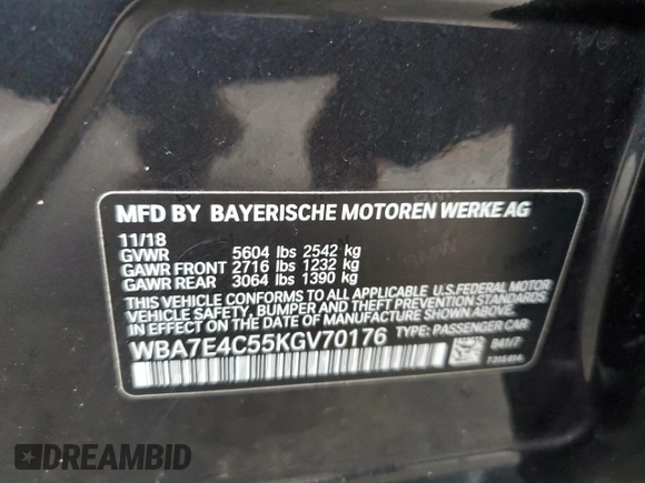 2019 BMW 7 Series 740i xDrive with VIN WBA7E4C55KGV70176, listed as a Copart auction lot 80545453 with Not Provided miles and . Bid and sale history available at DreamBid. Image 12.