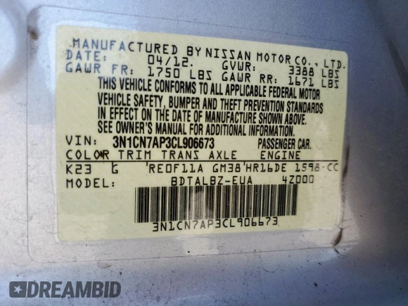 2012 Nissan Versa SV with VIN 3N1CN7AP3CL906673, listed as a Copart auction lot 62838455 with 249,517 mi miles and Salvage title. Bid and sale history available at DreamBid. Image 13.