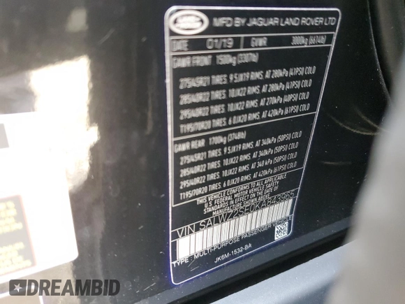 2019 Land Rover Range Rover Sport SVR with VIN SALWZ2SE0KA843965, listed as a Copart auction lot 71343524 with Not Provided miles and Non Repairable. Bid and sale history available at DreamBid. Image 13.