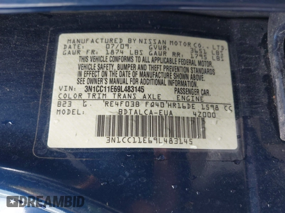 2009 Nissan Versa 1.6 with VIN 3N1CC11E69L483145, listed as a IAAI auction lot 42240252 with 136,776 mi miles and . Bid and sale history available at DreamBid. Image 9.