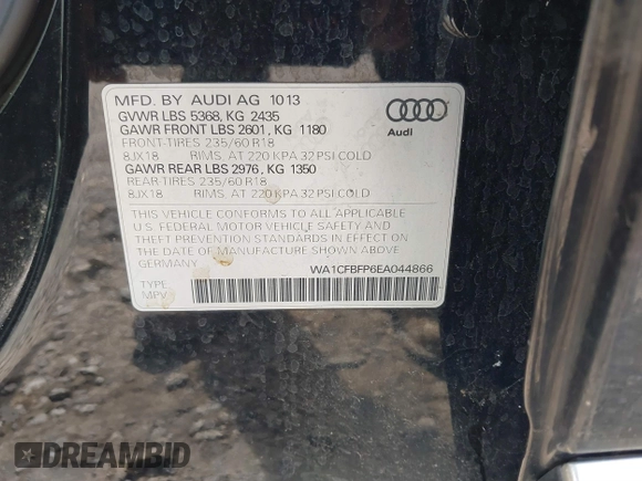 2014 Audi Q5 with VIN WA1CFBFP6EA044866, listed as a IAAI auction lot 40602539 with 99,143 mi miles and . Bid and sale history available at DreamBid. Image 9.