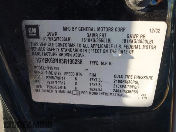 2003 Cadillac Escalade z VIN 1GYEK63N63R196238, wystawiony jako IAAI lot #41426210 z przebiegiem 296 853 mil mil oraz . Historia ofert i sprzedaży dostępna na DreamBid. Obrazek 9.