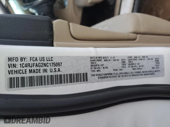 2022 Jeep Grand Cherokee WK Laredo X with VIN 1C4RJFAG2NC175097, listed as a Copart auction lot 85304994 with 41,600 mi miles and Salvage Title. Bid and sale history available at carsss.com. Image 15.