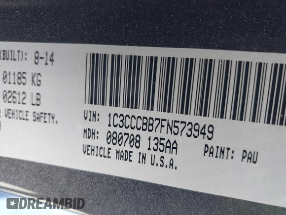 2015 Chrysler 200 S with VIN 1C3CCCBB7FN573949, listed as a IAAI auction lot 41314490 with 112,410 mi miles and . Bid and sale history available at DreamBid. Image 9.