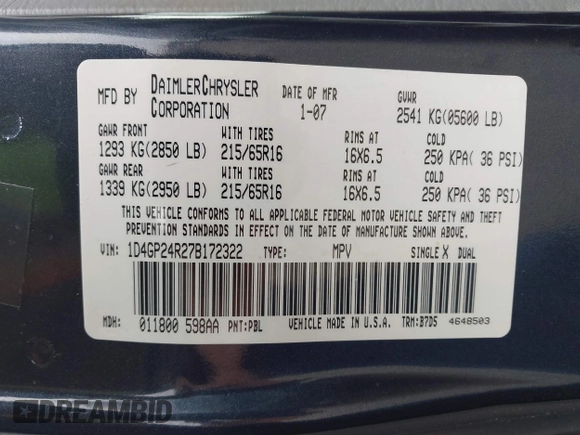 2007 Dodge Grand Caravan SE with VIN 1D4GP24R27B172322, listed as a IAAI auction lot 42005459 with 128,434 mi miles and . Bid and sale history available at DreamBid. Image 9.