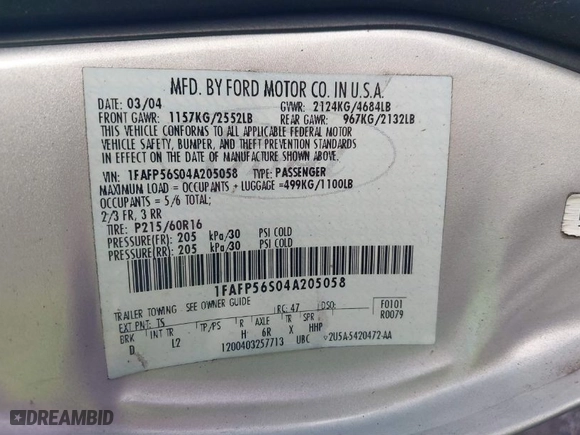 2004 Ford Taurus SEL with VIN 1FAFP56S04A205058, listed as a IAAI auction lot 40796889 with 187,562 mi miles. Bid and sale history available at carsss.com. Image 9.