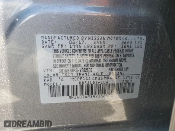 2017 Nissan Sentra SL with VIN 3N1AB7AP3HY382600, listed as a Copart auction lot 57332835 with 92,865 mi miles and Salvage title. Bid and sale history available at DreamBid. Image 12.