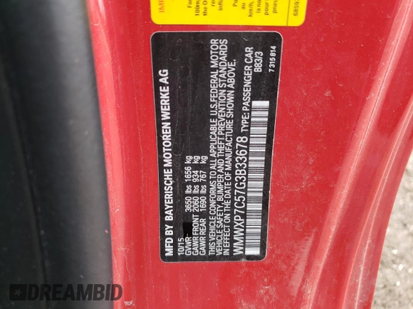 2016 MINI Hardtop S with VIN WMWXP7C57G3B33678, listed as a Copart auction lot 60609135 with 84,506 mi miles and Salvage title. Bid and sale history available at DreamBid. Image 12.