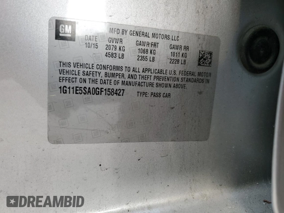 2016 Chevrolet Malibu LTZ with VIN 1G11E5SA0GF158427, listed as a Copart auction lot 51416175 with Not Provided miles and Salvage Title. Bid and sale history available at DreamBid. Image 13.