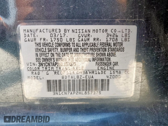 2017 Nissan Versa SV z VIN 3N1CN7AP2HL857375, wystawiony jako Copart lot #57678945 z przebiegiem 106 571 mil mil oraz Szkoda całkowita • Salvage title. Historia ofert i sprzedaży dostępna na DreamBid. Obrazek 13.