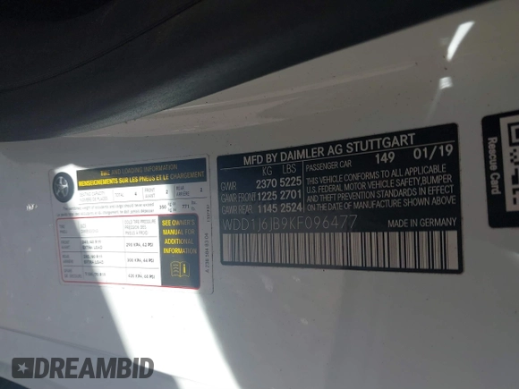 2019 Mercedes-Benz E-Class E 450 with VIN WDD1J6JB9KF096477, listed as a IAAI auction lot 41036923 with 28,335 mi miles. Bid and sale history available at carsss.com. Image 9.