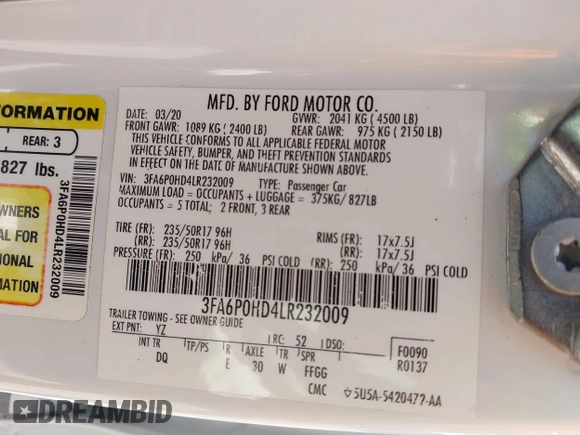 2020 Ford Fusion SE с VIN 3FA6P0HD4LR232009, выставлен на аукционе IAAI как лот 42207523 с пробегом 71 206 миль миль и . История ставок и продаж доступна на DreamBid. Изображение 9.