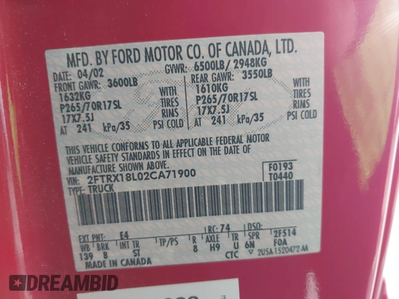 2002 Ford F-150 XL with VIN 2FTRX18L02CA71900, listed as a IAAI auction lot 42246694 with 44,651 mi miles and . Bid and sale history available at DreamBid. Image 9.