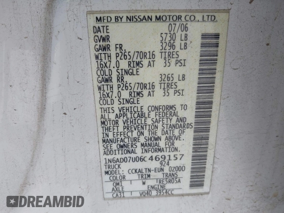 2006 Nissan Frontier SE z VIN 1N6AD07U06C469157, wystawiony jako IAAI lot #42249320 z przebiegiem 189 936 mil mil oraz . Historia ofert i sprzedaży dostępna na DreamBid. Obrazek 9.