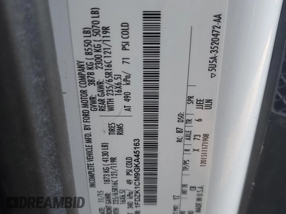 2016 Ford Transit XL с VIN 1FDZK1CM9GKA45163, выставлен на аукционе Copart как лот 88739595 с пробегом 83 205 миль миль и На запчасти • Non repairable. История ставок и продаж доступна на DreamBid. Изображение 13.