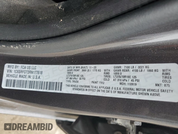 2024 Ram 1500 Tradesman z VIN 1C6SRFGT3RN177618, wystawiony jako Copart lot #44201155 z przebiegiem 6 651 mil mil oraz Szkoda całkowita • Salvage title. Historia ofert i sprzedaży dostępna na DreamBid. Obrazek 13.