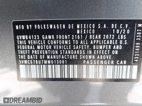2021 Volkswagen Jetta S z VIN 3VWC57BU7MM013061, wystawiony jako IAAI lot #42148885 z przebiegiem 47 367 mil mil oraz . Historia ofert i sprzedaży dostępna na DreamBid. Obrazek 9.