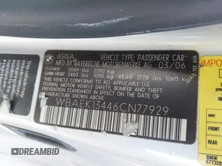 2006 BMW 6 Series 650Ci with VIN WBAEK13446CN77929, listed as a IAAI auction lot 41853425 with 133,515 mi miles. Bid and sale history available at carsss.com. Image 9.
