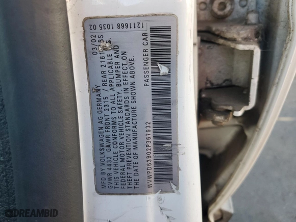 2002 Volkswagen Passat GLS with VIN WVWPD63B02P367932, listed as a Copart auction lot 79568174 with 252,329 mi miles and Salvage Title. Bid and sale history available at carsss.com. Image 12.