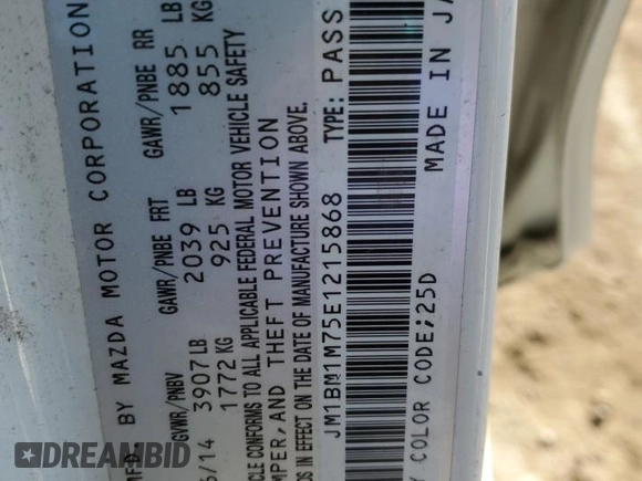 2014 Mazda 3 i Grand Touring with VIN JM1BM1M75E1215868, listed as a Copart auction lot 42330165 with 105,871 mi miles and Salvage Title. Bid and sale history available at DreamBid. Image 14.