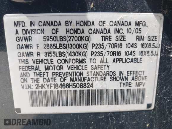 2006 Honda Pilot EX with VIN 2HKYF18466H508824, listed as a IAAI auction lot 42251893 with 287,789 mi miles and . Bid and sale history available at DreamBid. Image 9.