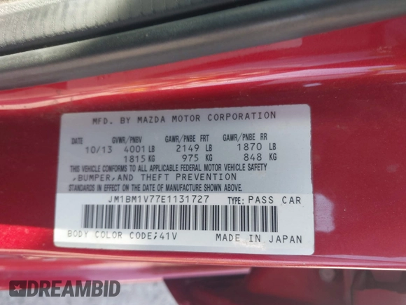 2014 Mazda 3 i Touring with VIN JM1BM1V77E1131727, listed as a IAAI auction lot 41891337 with 287,797 mi miles and . Bid and sale history available at DreamBid. Image 9.