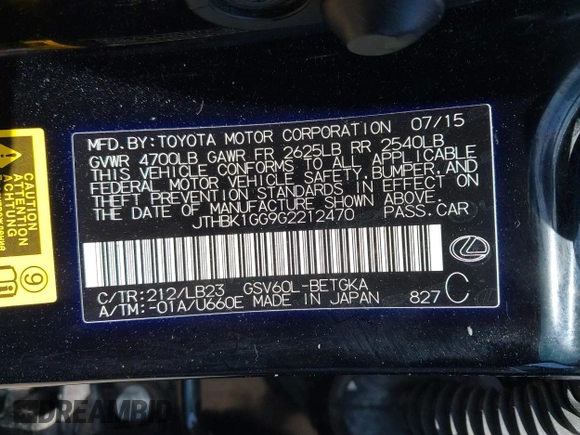 2016 Lexus ES 330 with VIN JTHBK1GG9G2212470, listed as a IAAI auction lot 42245891 with 112,256 mi miles and . Bid and sale history available at DreamBid. Image 9.