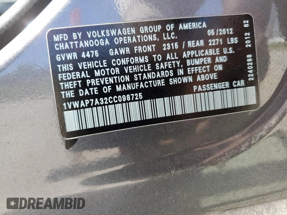 2012 Volkswagen Passat S with VIN 1VWAP7A32CC098725, listed as a Copart auction lot 53339555 with 119,084 mi miles and Salvage title. Bid and sale history available at DreamBid. Image 14.