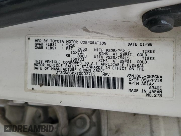 1996 Toyota 4Runner SR5 с VIN JT3GN86RXT0003713, выставлен на аукционе Copart как лот 52396935 с пробегом 155 891 миль миль и Списание • Salvage title. История ставок и продаж доступна на DreamBid. Изображение 14.