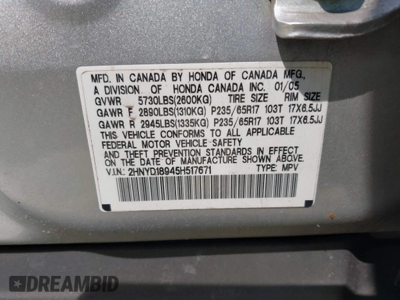 2005 Acura MDX Touring with VIN 2HNYD18945H517671, listed as a IAAI auction lot 41889240 with 275,116 mi miles. Bid and sale history available at carsss.com. Image 9.
