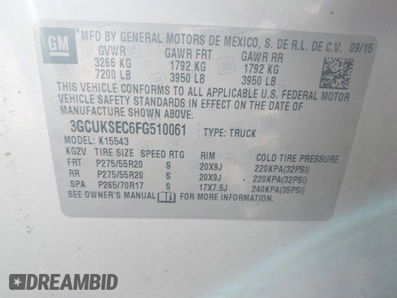 2015 Chevrolet Silverado 1500 LTZ with VIN 3GCUKSEC6FG510061, listed as a IAAI auction lot 40384385 with 156,882 mi miles. Bid and sale history available at carsss.com. Image 9.