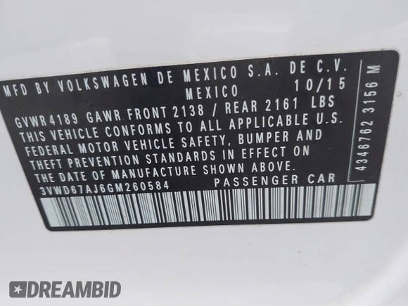 2016 Volkswagen Jetta Sedan 1.4T SE with VIN 3VWD67AJ6GM260584, listed as a IAAI auction lot 41903048 with 104,876 mi miles. Bid and sale history available at carsss.com. Image 9.