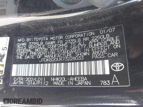2007 Toyota Prius with VIN JTDKB20UX73228033, listed as a IAAI auction lot 41851668 with 242,138 mi miles. Bid and sale history available at carsss.com. Image 9.