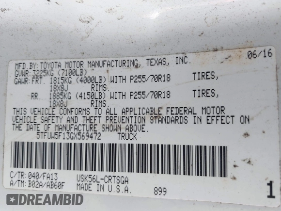 2016 Toyota Tundra 4WD Truck SR with VIN 5TFUW5F13GX569472, listed as a IAAI auction lot 41174168 with 181,703 mi miles. Bid and sale history available at carsss.com. Image 9.