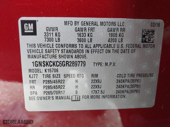 2016 Chevrolet Tahoe LTZ with VIN 1GNSKCKC6GR289779, listed as a IAAI auction lot 41389868 with 53,173 mi miles. Bid and sale history available at carsss.com. Image 9.