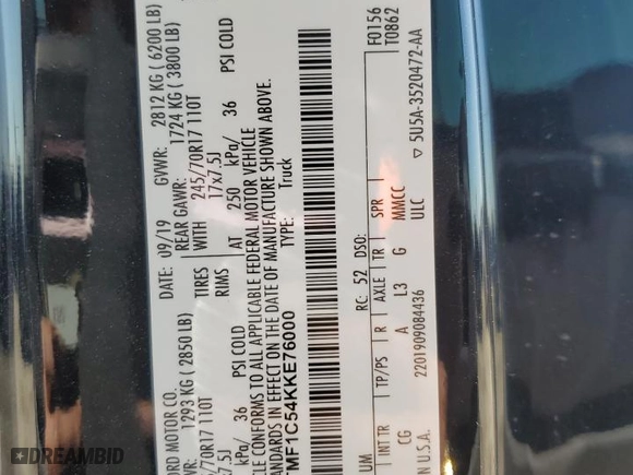 2019 Ford F-150 XL with VIN 1FTMF1C54KKE76000, listed as a Copart auction lot 43563765 with 52,601 mi miles and Salvage Title. Bid and sale history available at carsss.com. Image 12.