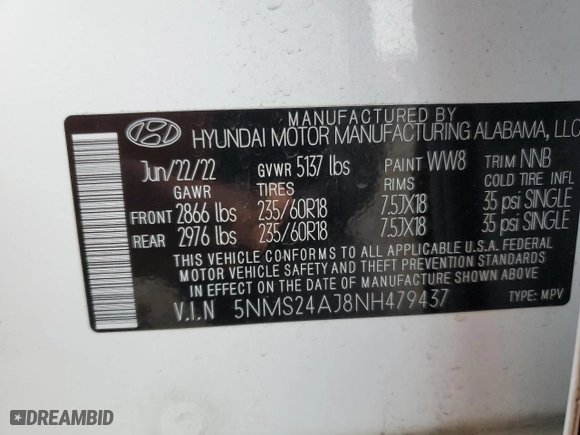 2022 Hyundai Santa Fe SEL with VIN 5NMS24AJ8NH479437, listed as a Copart auction lot 45712315 with 35,854 mi miles and Salvage Title. Bid and sale history available at carsss.com. Image 14.