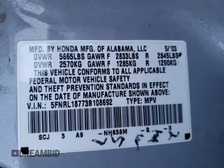 2003 Honda Odyssey EX-L with VIN 5FNRL18773B108692, listed as a Copart auction lot 88918365 with Not provided miles and Salvage title. Bid and sale history available at DreamBid. Image 13.