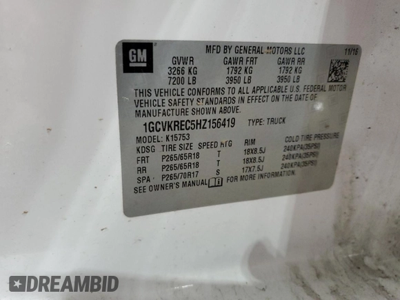 2017 Chevrolet Silverado 1500 LT with VIN 1GCVKREC5HZ156419, listed as a Copart auction lot 51940425 with Not Provided miles and Salvage Title. Bid and sale history available at DreamBid. Image 12.