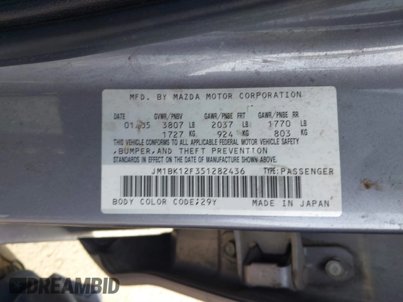 2005 Mazda 3 i with VIN JM1BK12F351282436, listed as a IAAI auction lot 41073319 with 251,020 mi miles and . Bid and sale history available at DreamBid. Image 9.