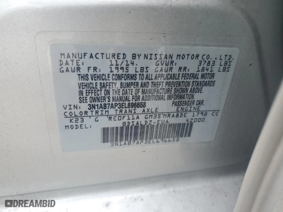 2014 Nissan Sentra S with VIN 3N1AB7AP3EL696658, listed as a Copart auction lot 88230995 with 44,255 mi miles and Non Repairable. Bid and sale history available at carsss.com. Image 13.